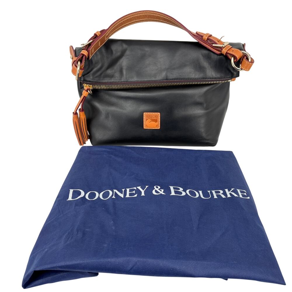 Dooney & Bourke McKenzie Hobo Shoulder Bag Black Tan Smooth Leather Tassel Zip
